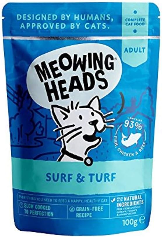 Meowing Heads Wet Cat Food - Surf & Turf - 93% Natural Fish, Chicken & Beef Pouches with No Artificial Flavours, Grain-Free Recipe (10 x 100 g)