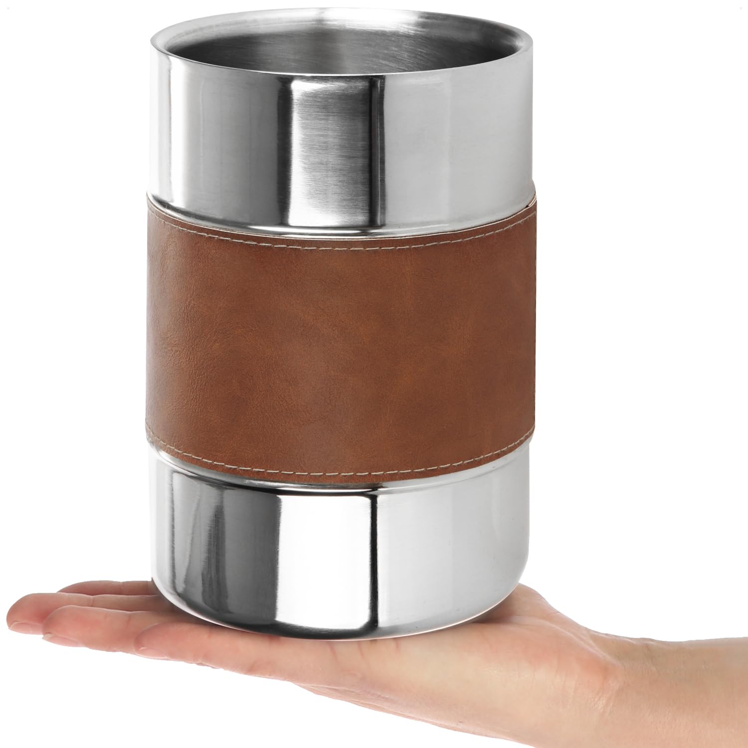 COM-FOUR® Enfriador de champán 6x de acero inoxidable con correa de piel sintética - Enfriador de botellas para vino espumoso y vino - Cubitera de doble pared (6 piezas - plata/marrón)