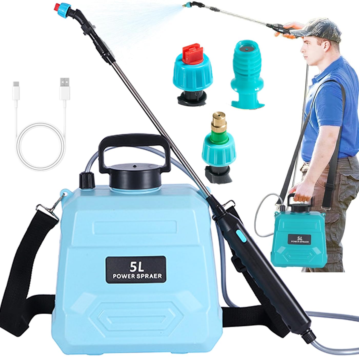 Opryskiwacz ciśnieniowy 5/8 l, opryskiwacz ogrodowy elektryczny z drążkiem teleskopowym o długości 92 cm, 3 rodzaje dysz i 5 efektów wodnych, opryskiwacz pompowy z regulowanym paskiem na ramię
