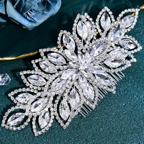Peine para cabello nupcial con diseño floral de cristal plateado miniatura 3