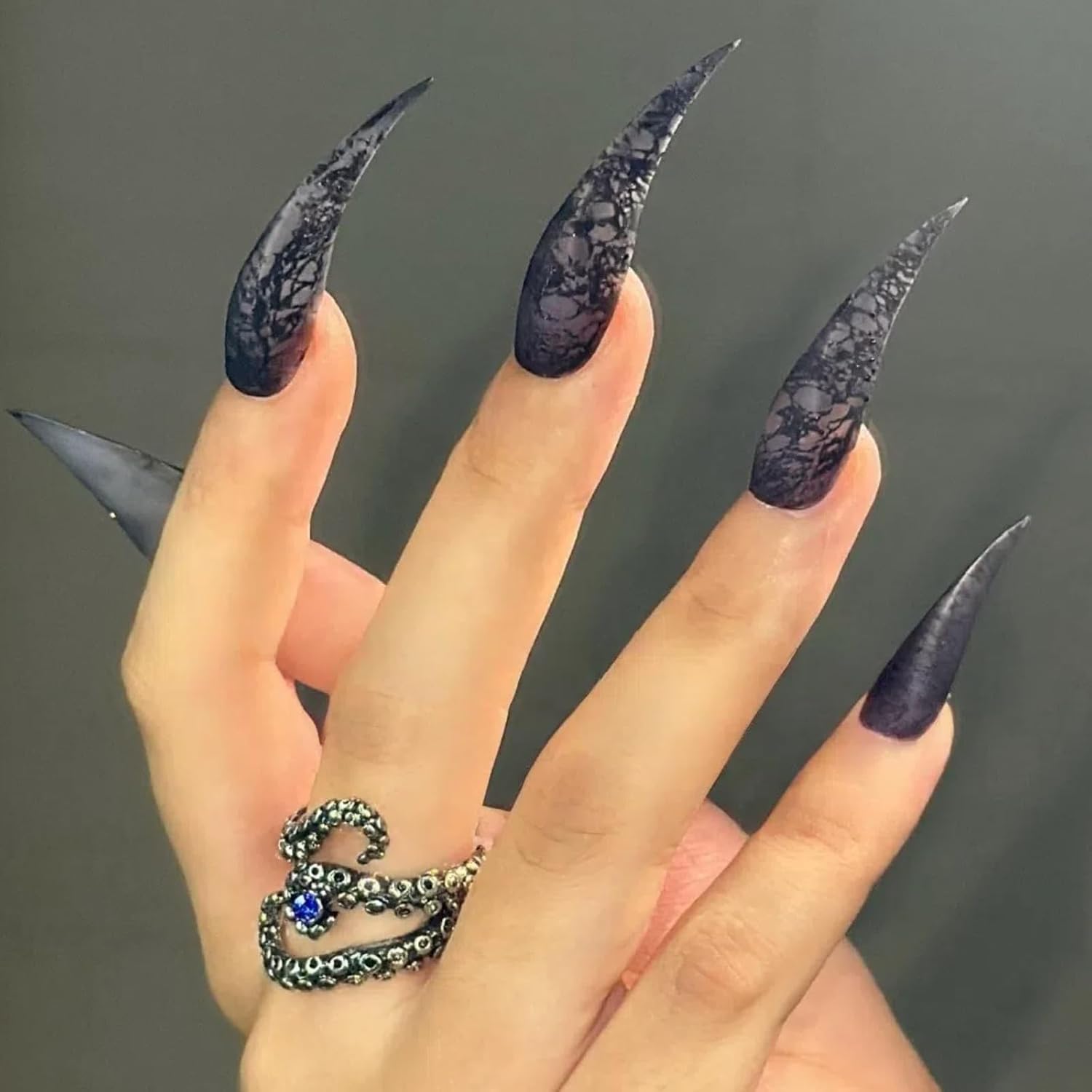 Black with Lace Stiletto Press on Nails with Glue Glossy Extra Short False Nails Hand-Painted Designs Handmade Eagle Dragon Cat Claw Unique Reusable Fake Nails