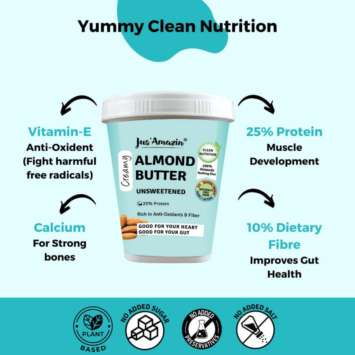 Jus' Amazin Creamy Almond Butter - Unsweetened (1 Kg Tub) | 25% Protein | Only Whole Almonds (100% Pure) | Zero Additives | Keto | Plant Based Nutrition | Clean Nutrition - Image 5 thumbnail