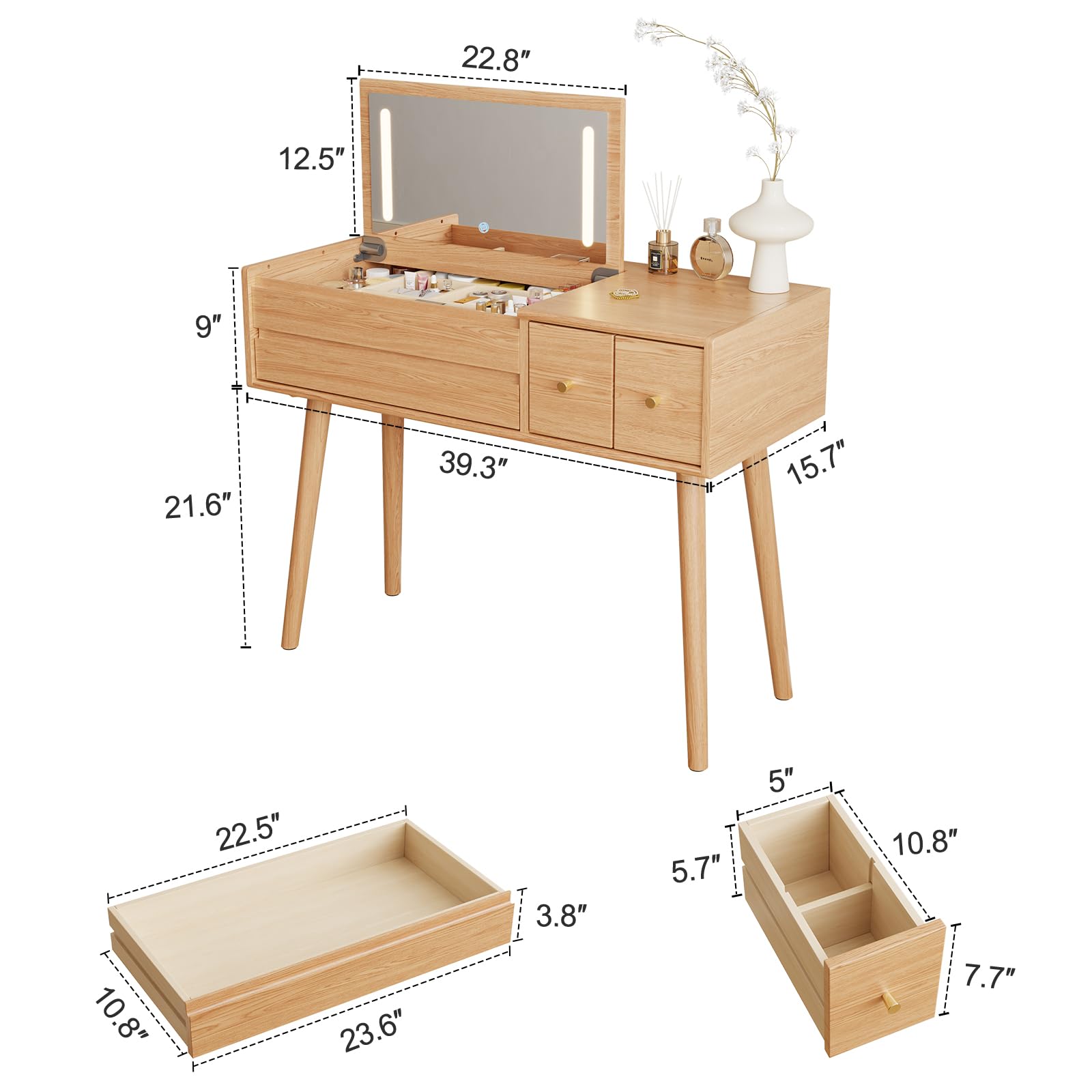 Solid Wood Vanity Desk With Flip Top Mirror And Lights, Mild Century Dressing Table Wooden 4 Drawers Storage, 40 Inch Large Make Up Vanity With 3 Lighting Modes Original, Wood Color (With Adapter)