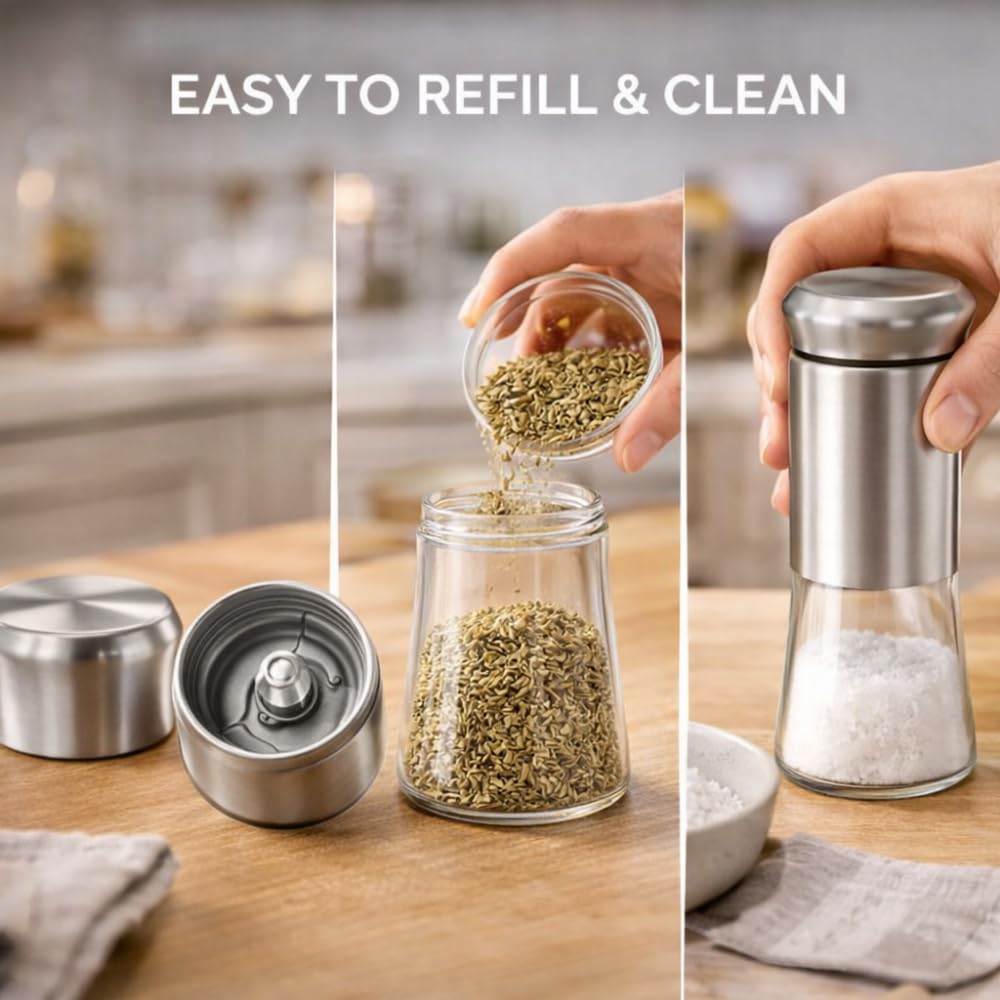 Stainless Steel Salt and Pepper Shaker Set by ENHANCIO, Pack of 2 | Moisture-Proof Lids, Clear Glass Bottom, Easy Refill Spice Dispensers for Kitchen, Dining Table and Professional Chefs — Amazon image 8
