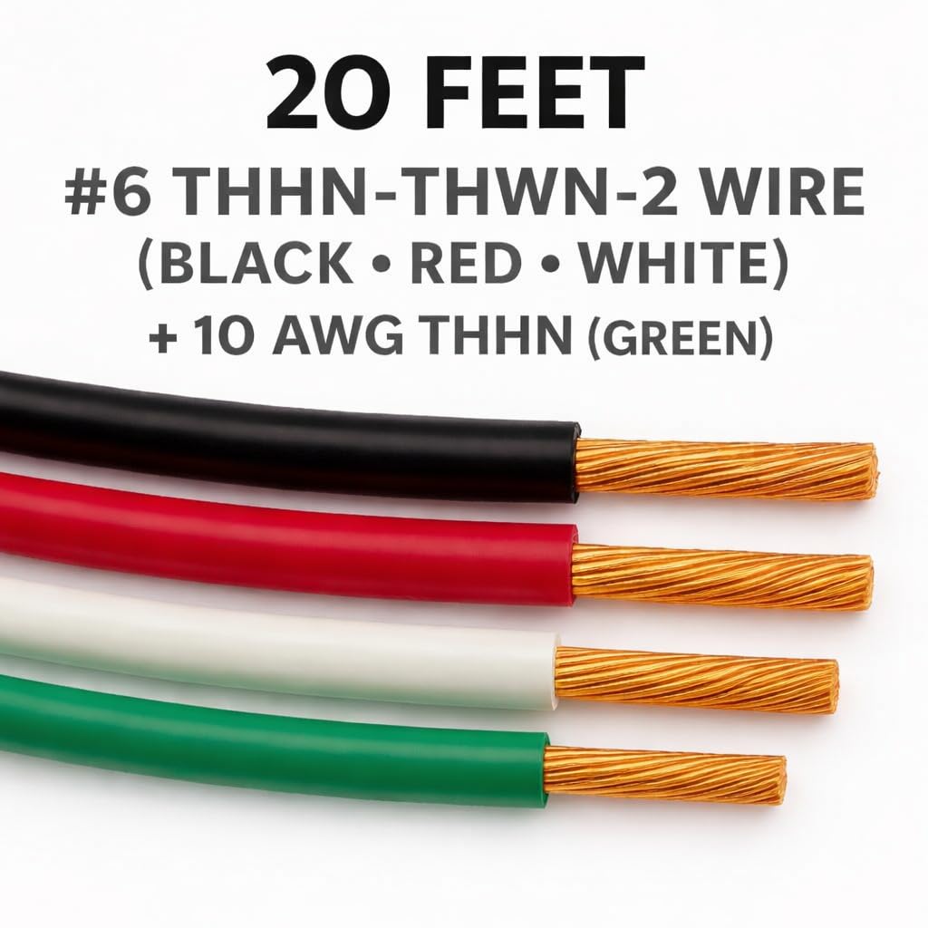 20 FT THHN Stranded Copper Wire – 6 AWG Black, Red, White + 10 AWG Green Ground