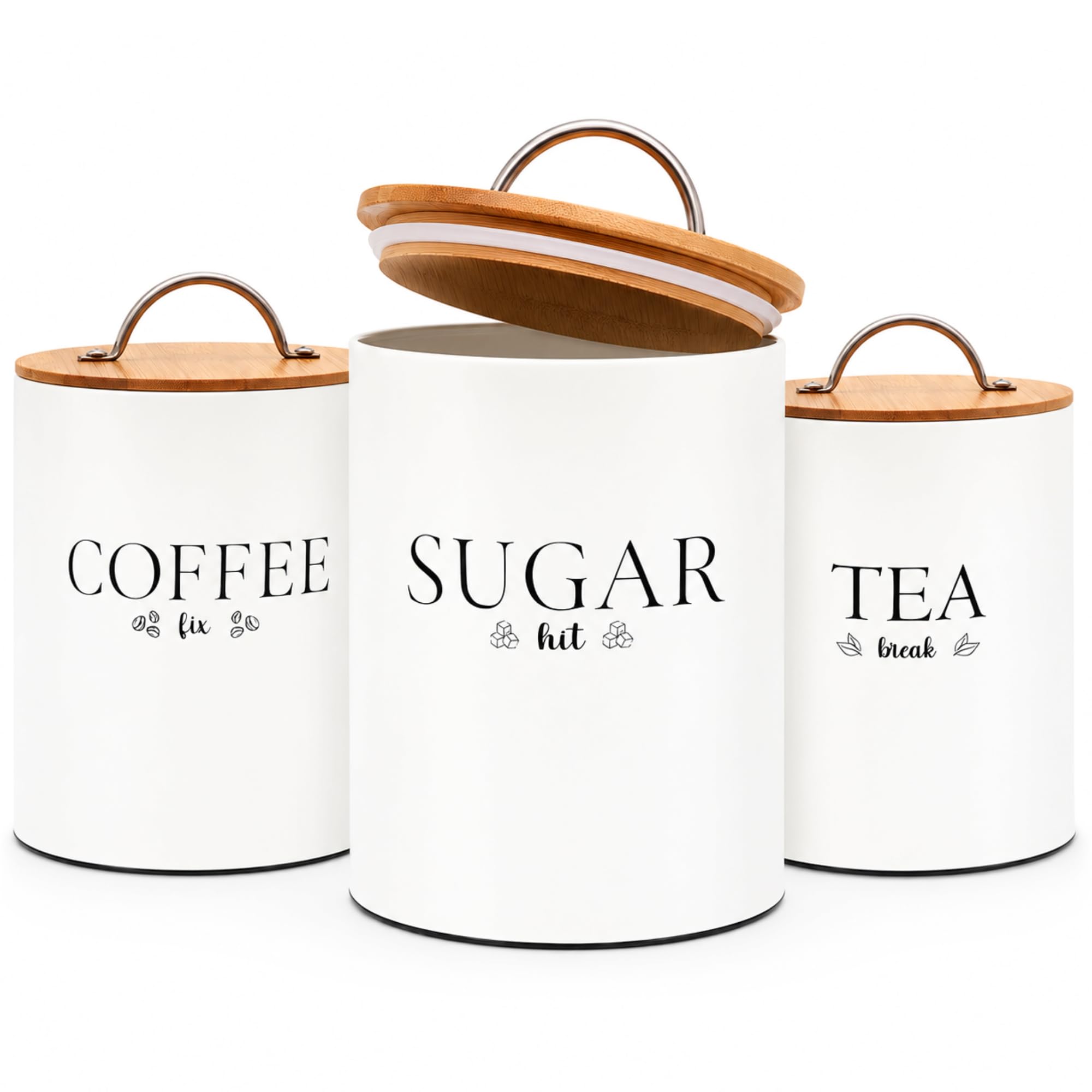 Set di 3 barattoli per tè, caffè e zucchero, per bancone della cucina, chiusura ermetica | Bianco sporco. Coperchio in bambù. Vernice a polvere metallica. Per uso alimentare. Ottima idea regalo