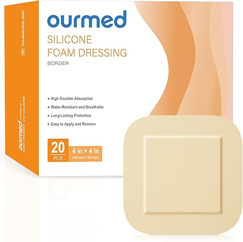 Apósitos de espuma de silicona (4 x 4 pulgadas, 20 paquetes) con borde adhesivo tierno, vendaje absorbente avanzado estéril, cuidado de heridas para