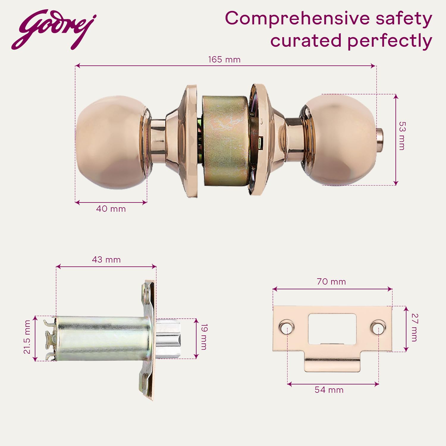Godrej Cylindrical Lock | with 3 Keys | Suitable for Bedroom Doors&Inter-Connected Doors for Commercial Space | 70mm Backset | Door Thickness 32mm to 45mm | Rose Gold Finish | 5 Year Warranty — Amazon image 6