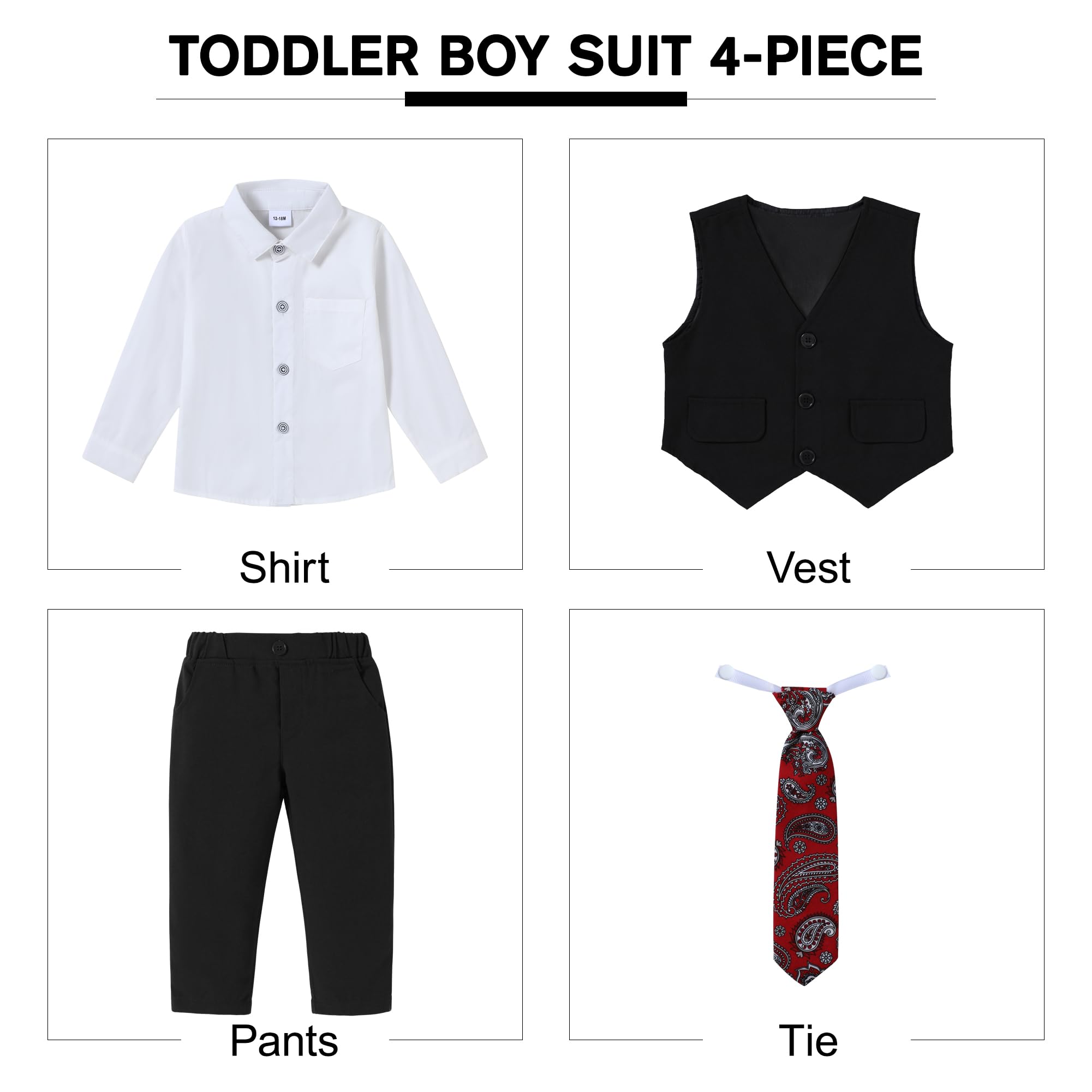 SANMIO Jungenanzug, Kleinkind, Jungen, formelles Outfit, Hemd + bedruckte Krawatte + Weste + Hose, Baby-Smoking für Jungen, Hochzeitskleidung