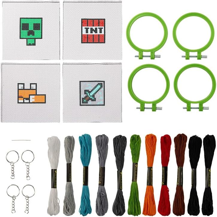 Paladone Minecraft Officially Licensed Cross Stitch Charm Set of 4, Creeper, TNT, Sword and Fox, Idea Gamer Gift for Boys and Gifts, Arts and Crafts DIY Gaming Decor and Accessory
