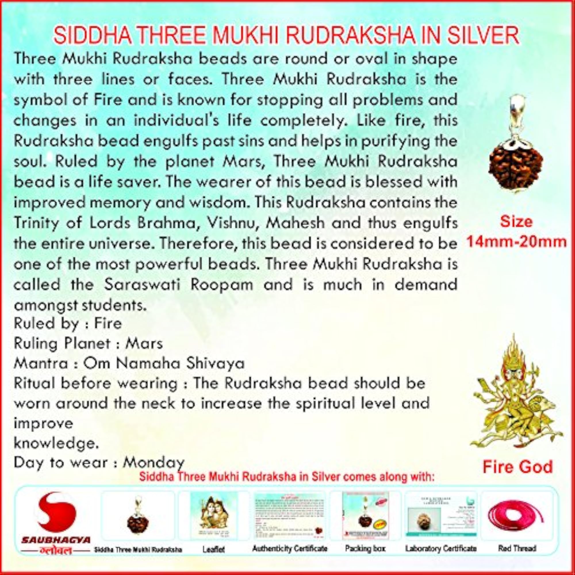 Three Mukhi Rudraksha Silver Pendant, Lab Certified