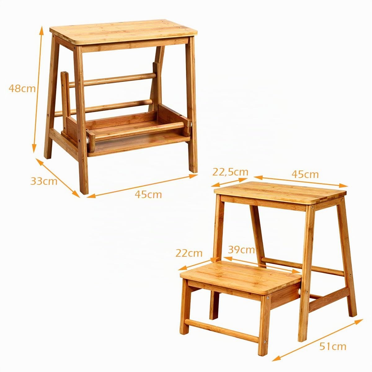 COSTWAY Marche Pied Bambou Pliant Portable à Deux Etages avec Levier Rabattable, Escabeau Tabouret Surface Antidérapante et des Bords Arrondis, Charge 150kg, 45x51x48cm (Bois)