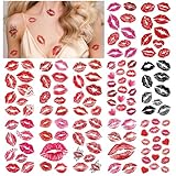 12 Sheets Red Kiss Temporary Tattoo Stickers, Red Lip Tattoo Heart Print Kiss Face Tattoos, Waterproof Black Lip Mark Temporary Tattoo for Valentine's Day Costume Accessories Birthday Party Decoration