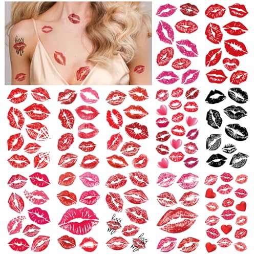 12 Sheets Red Kiss Temporary Tattoo Stickers, Red Lip Tattoo Heart Print Kiss Face Tattoos, Waterproof Black Lip Mark Temporary Tattoo for Valentine's Day Costume Accessories Birthday Party Decoration