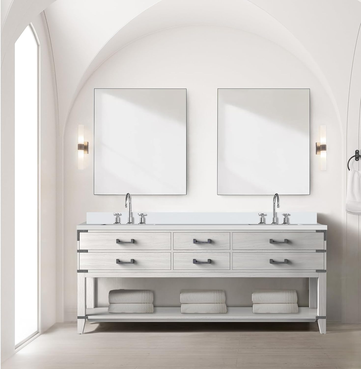 Elegant White Oak Double Bath Vanity for Beauty and Function, 80 in. W x 22 in. D with Polished White Top