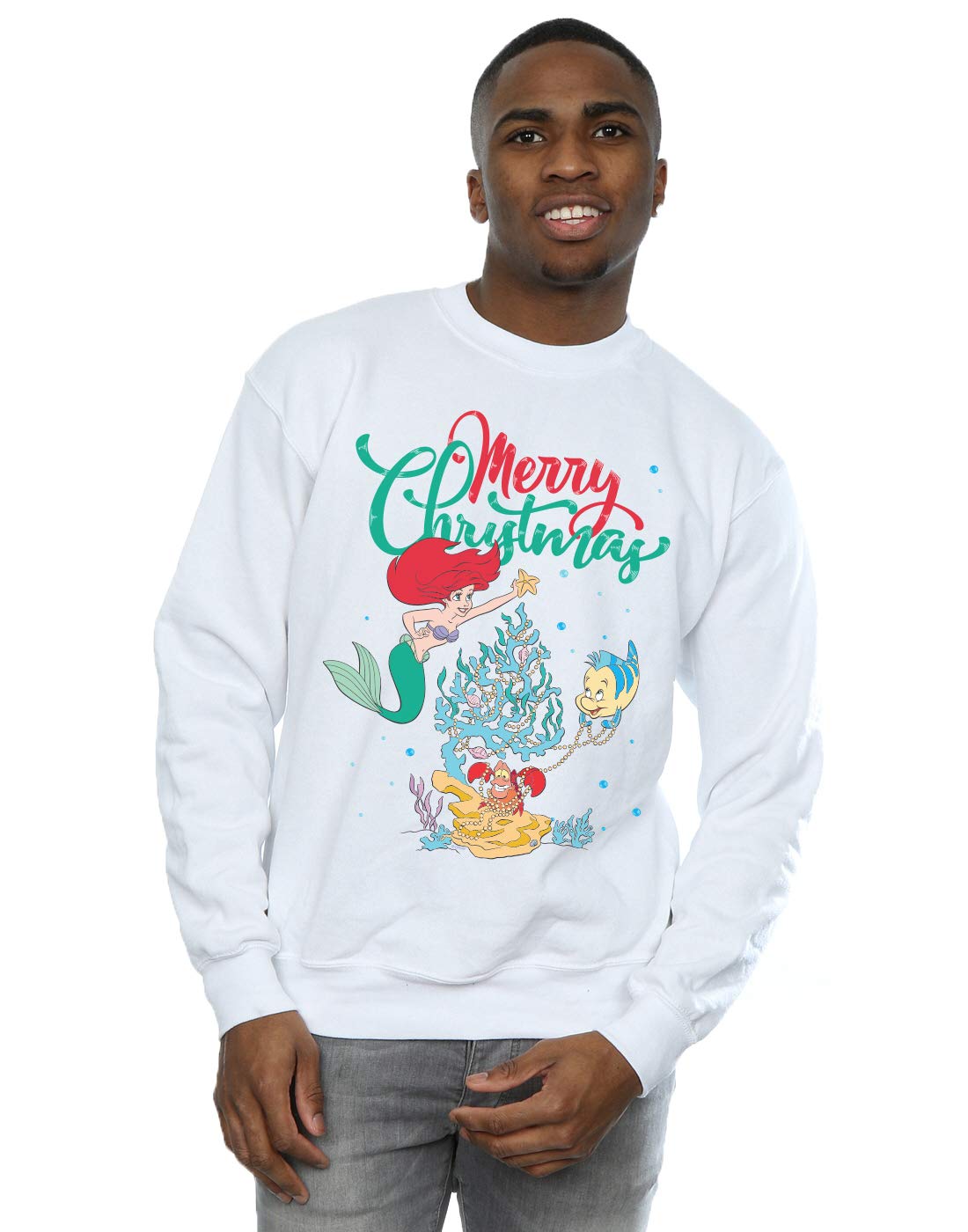 Absolute Cult Men's White Disney Princess Ariel Merry Christmas Sweatshirt XX-Large