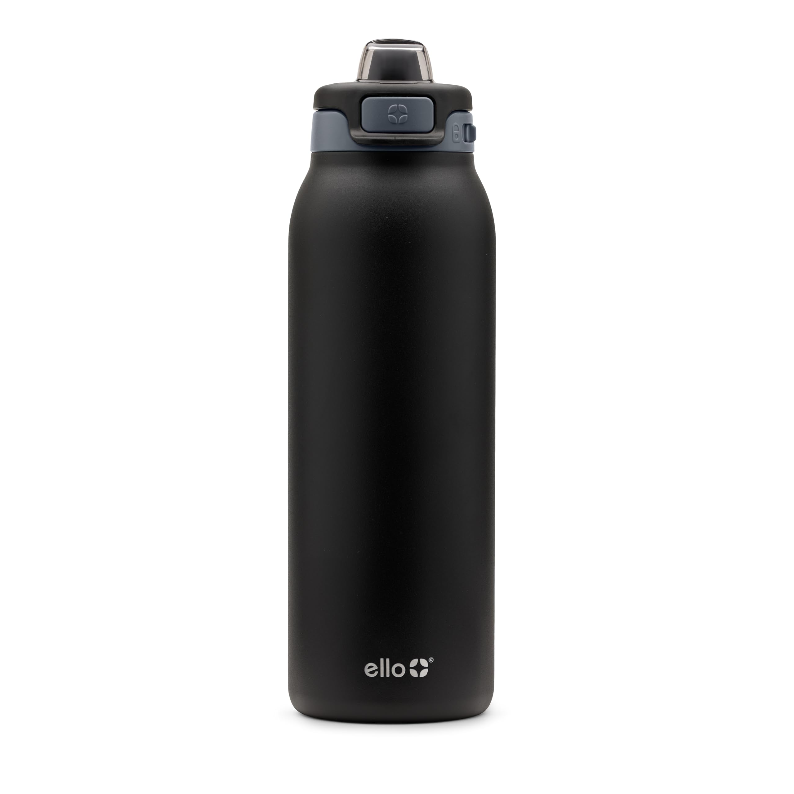 Ello Pop & Fill 32oz Stainless Steel Water Bottle with Quick Fill Technology, Double Walled and Vacuum Insulated Metal, Leak Proof Locking Lid, Sip and Chug, Reusable, BPA Free, Tonal Black