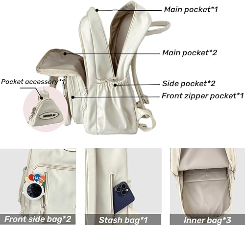 Miniatura 4 de Mochila Kawaii con accesorios lindos, mochilas de viaje informales, duraderas y grandes, bolsa ligera para laptop, Blanco, Computadora portátil