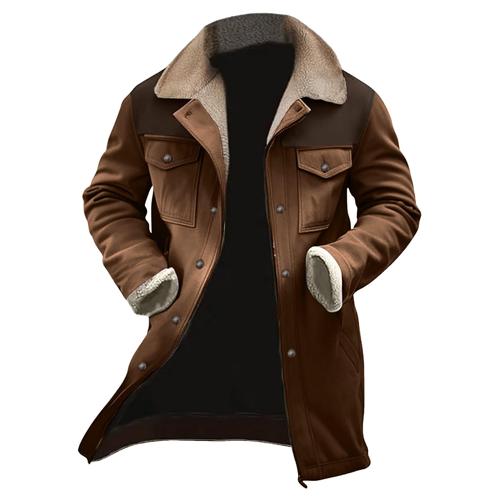 Winterjacke für Herren, Vintage-Jacke aus Wildleder, umgekehrter Kragen, mit Fleece gefüttert, warmer Arbeitsmantel mit Knopf und Taschen, langärmlig, Sherpa, weich