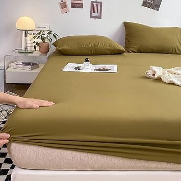 Beydodo Deep Pocket Bedding Fitted Sheet, Bedding Fitted Sheet 150x200cm Microfiber Solid Brown Green, Mattress Protector for Home