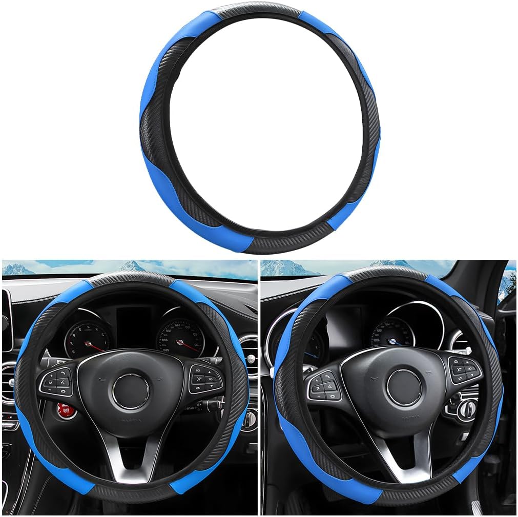 Car Steering Wheel Cover, Microfiber PU Leather Elastic Carbon Fiber Auto Steering Wheel Protector, 15 Inch Breathable Anti-Slip for Women Men, Car Interior Accessories for Most Cars (Black/Blue)