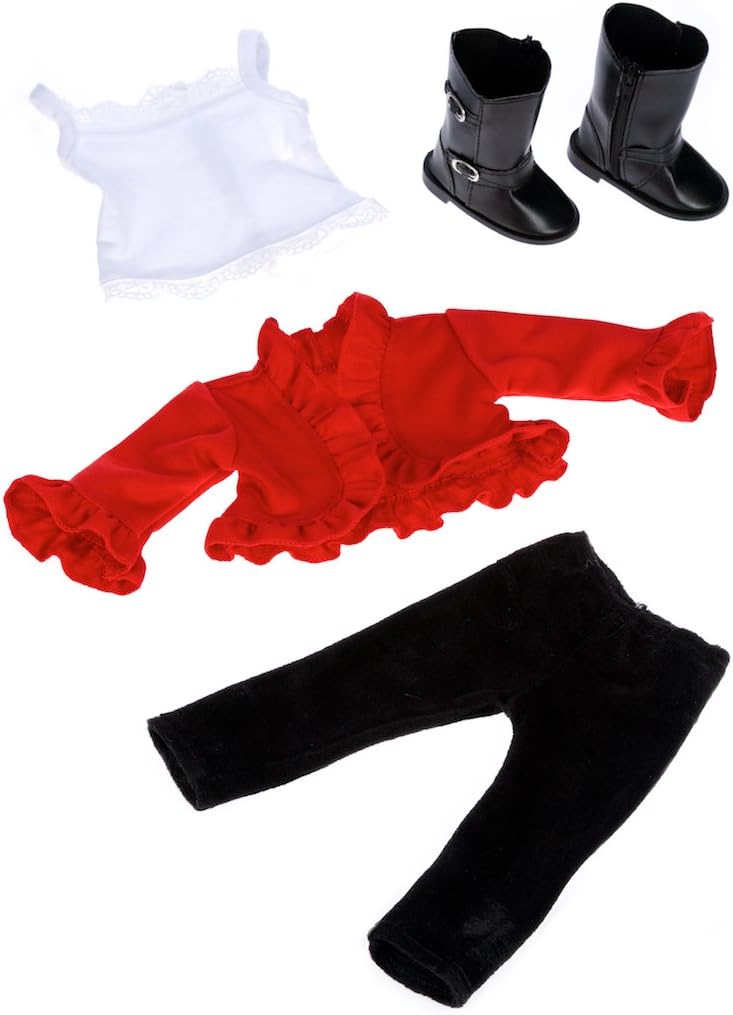 Uptown Girl - 4 Piece Outfit - Red Ruffled Jacket, White Tank Top, Black Leggings and Boots - Clothes Fits 18 Inch Doll (Doll Not Included)