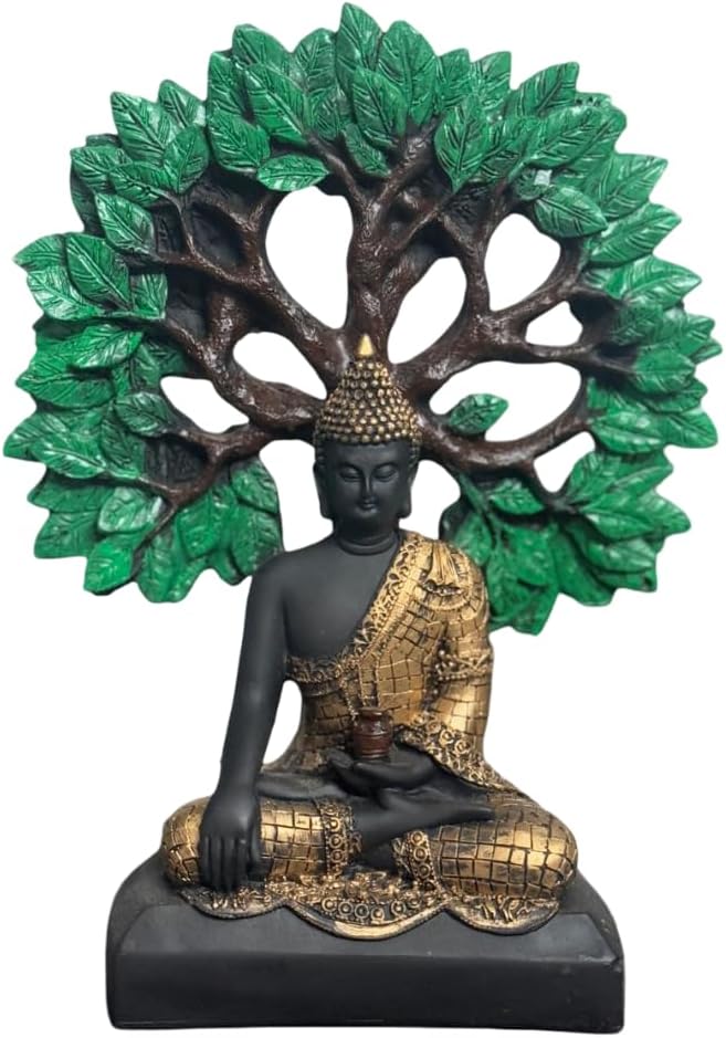 Meditating Buddha Statue Under Bodhi Tree | Black & Gold Tree Buddha Showpiece for Home, Office & Meditation Décor