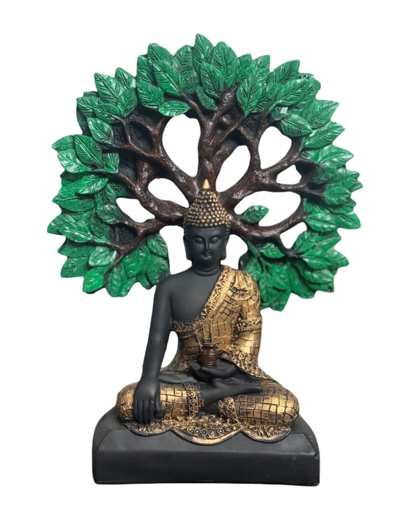 Meditating Buddha Statue Under Bodhi Tree | Black & Gold Tree Buddha Showpiece for Home, Office & Meditation Décor