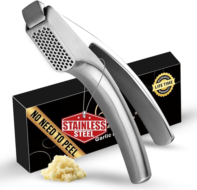 No Peeling Required Garlic Press Stainless Steel with Detachable Handle for Fine Mincing - Premium Garlic Mincer Tool, Rust-Proof, Easy to Clean, Dishwasher Safe Garlic Crusher with 5-Year Warranty