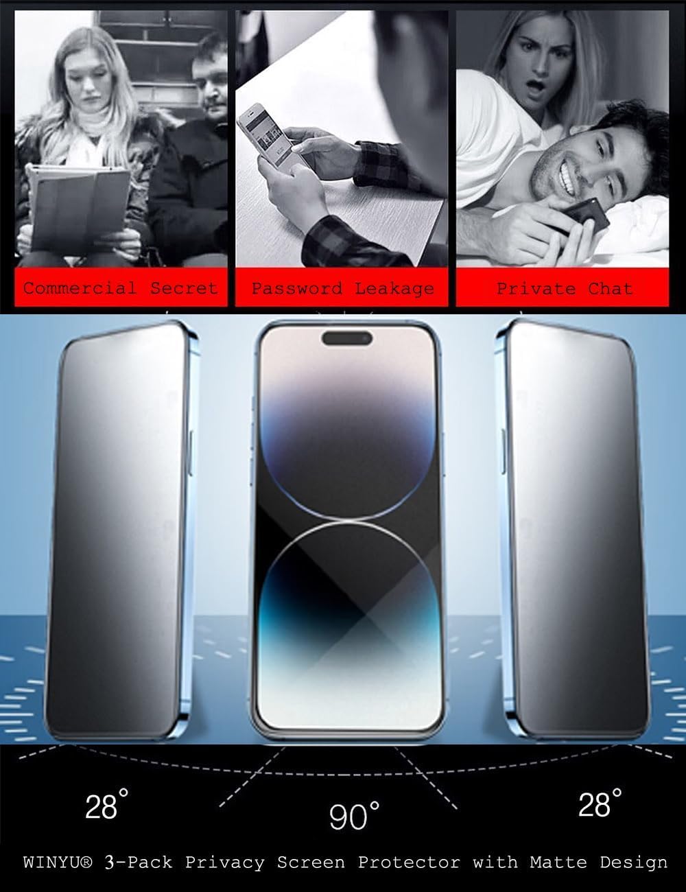 WINYU 3PCS Matte Privacy Screen Protector for iPhone 16 Pro Anti Spy Tempered Glass 9H Anti-Glare Anti-Fingerprint Full Coverage Matte Protective Film for Apple 16 Pro,6.3" - Image 2