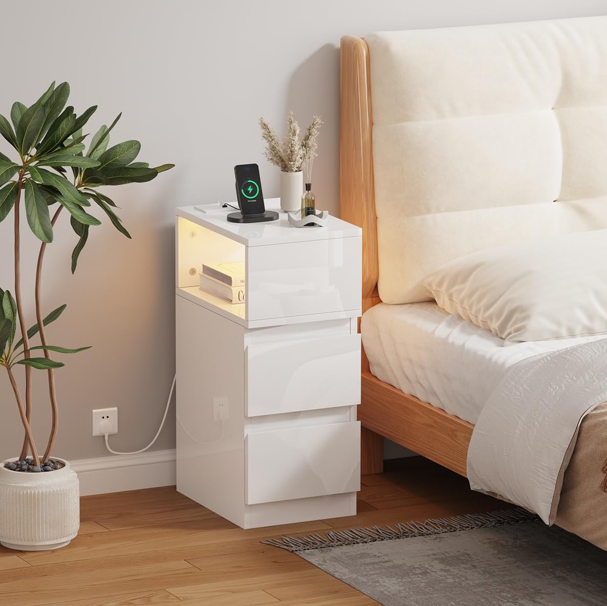 Menaka 25CM Narrow Bedside Table Cabinet White with Light and Charging Station, Slim 2 Drawers Side Table Bed Side Nightstand Wood with USB Ports & Power Sockets for Bedroom Living Room — image 1