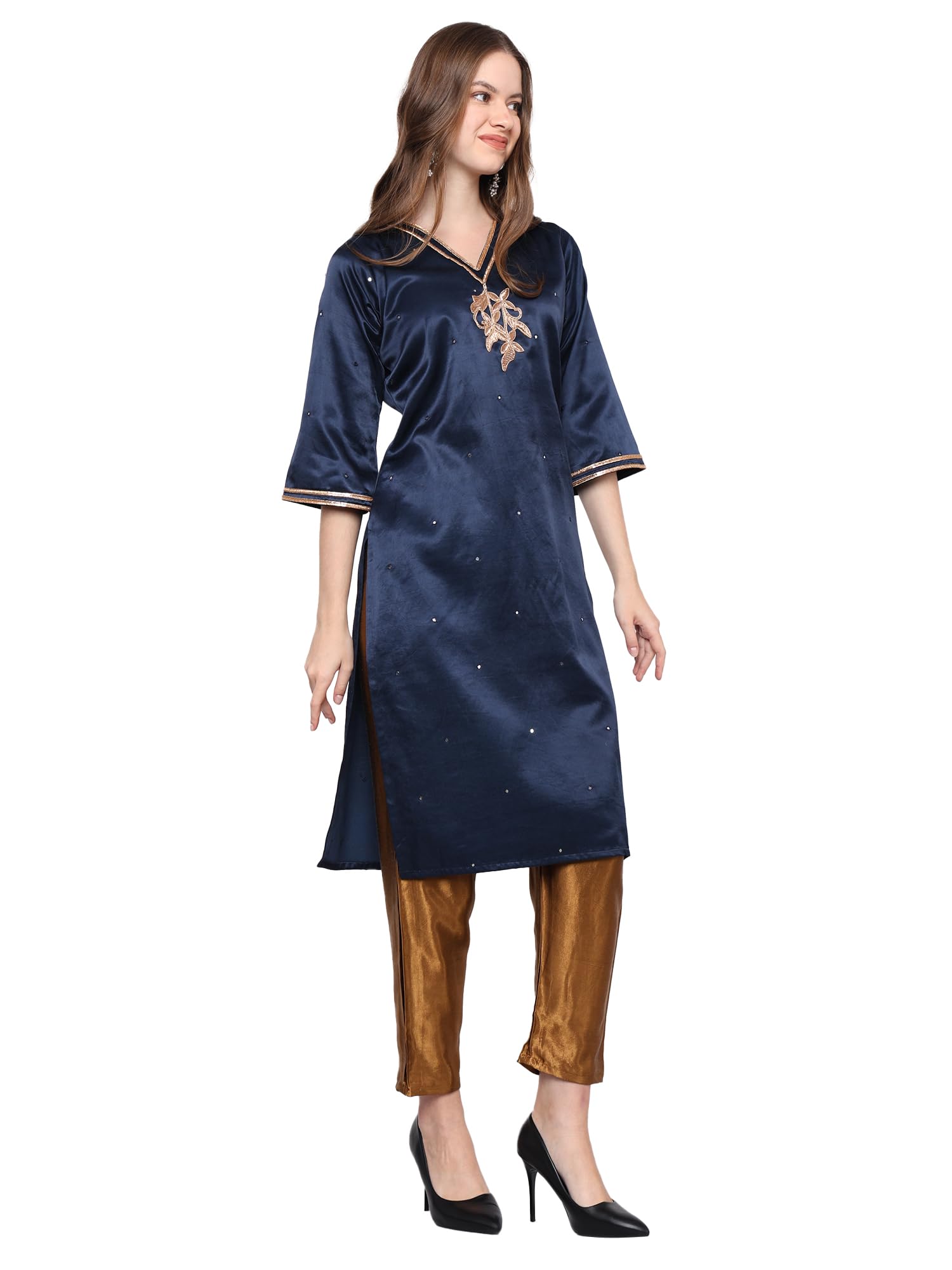 GenericHIRAJAS Designs Nevy Blue Colour Zardozi Embroidered Mashroo Silk Women Kurta