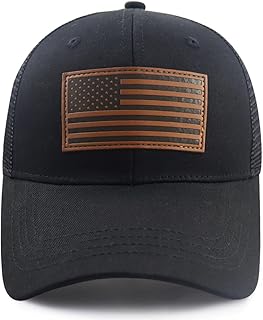 American Flag Trucker Hat for Men Women, Funny Adjustable Cotton USA Flag Leather Patch Patriotic Mesh Baseball Cap