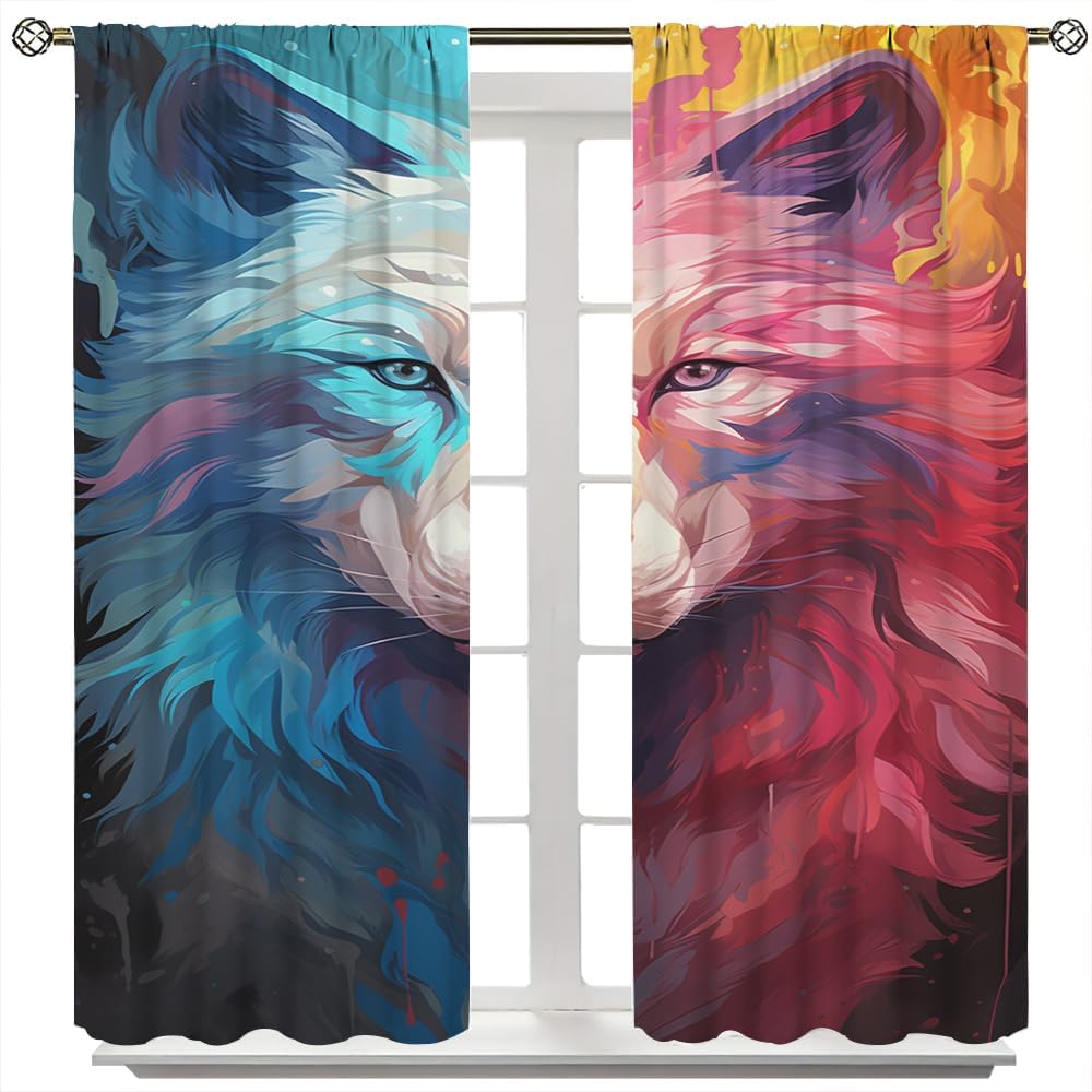 Glam Wolf Face Room Darkening Rod Pocket Curtain Retro Abstract Animal Fantasy Window Treatment Thermal Insulated Drapes for Bedroom 2 Panels, Each 21 W x 54 L inch