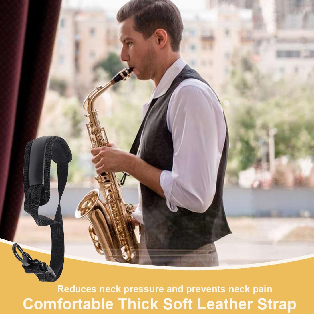 Sangle rembourrée pour saxophone avec crochet en métal - confortable et pratique - Sangle de transport noire