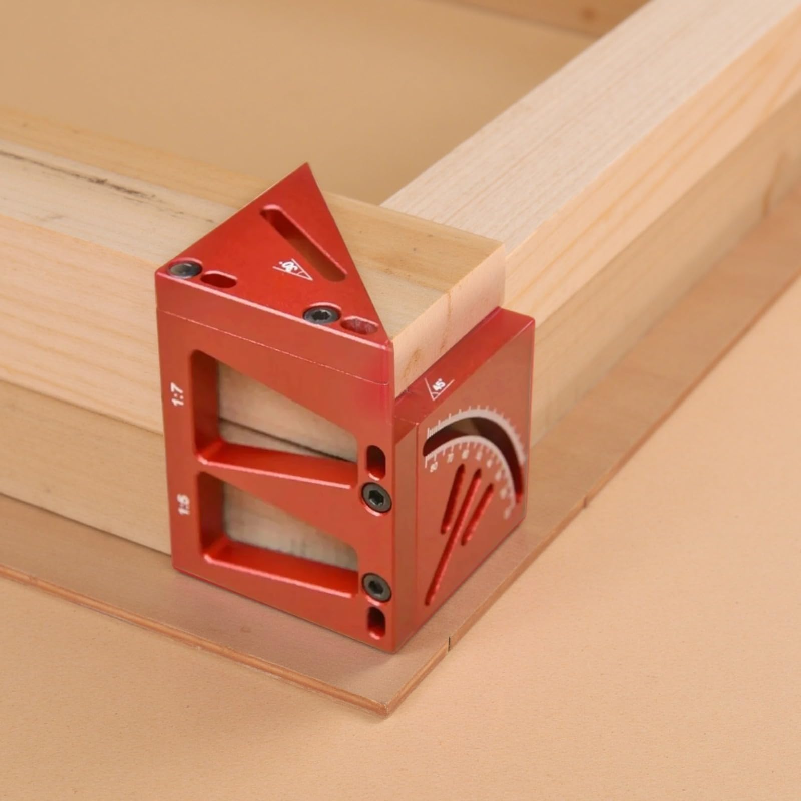 Règle de mesure multi-angle 3D, équerre rapporteur de menuiserie en alliage d'aluminium, chercheur d'angles 45° et 90°, côté 1,8 po / 45 cm, équerre rapporteur de charpentier, rouge
