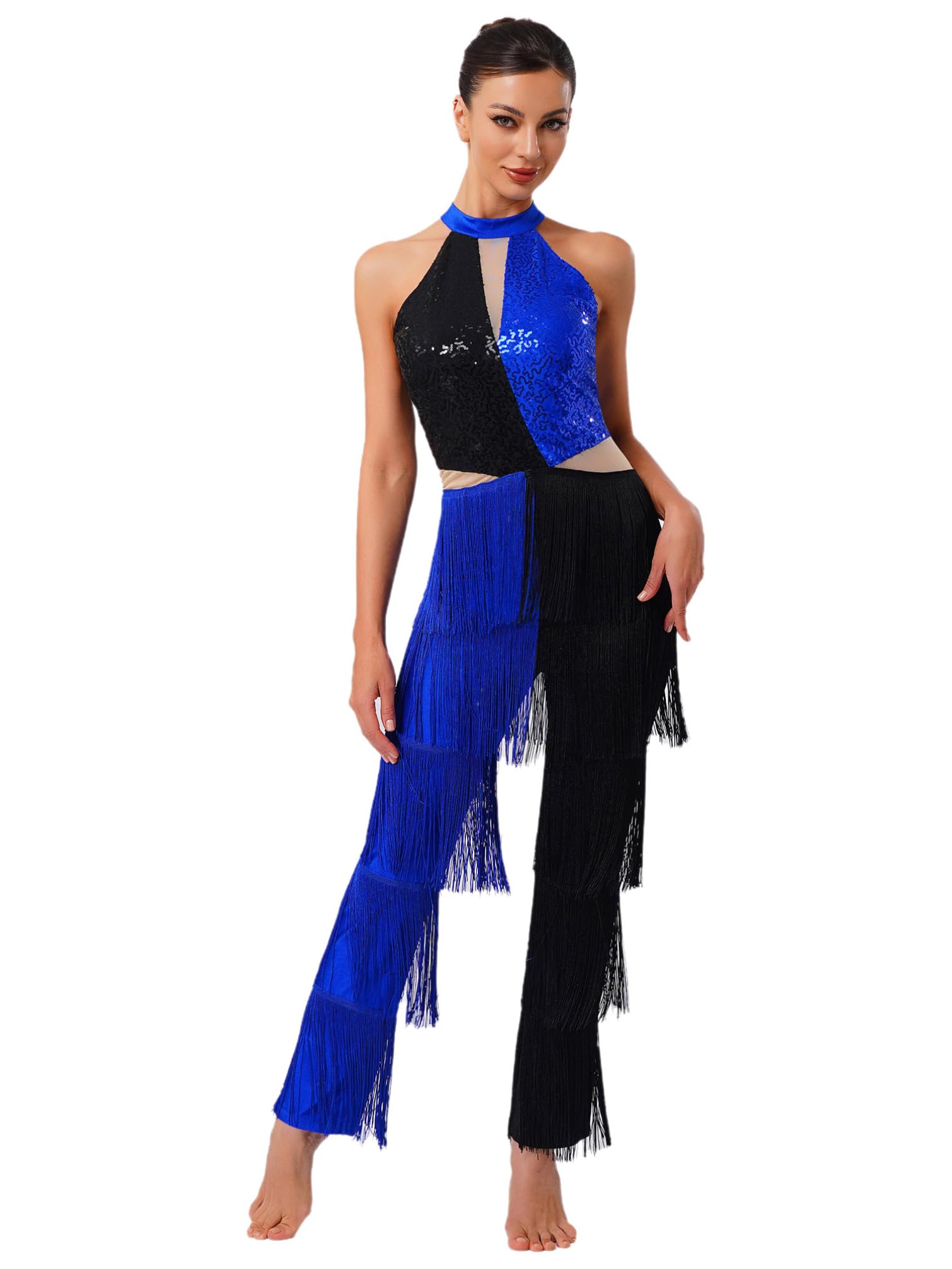 TiaoBug Mono De Baile Latino Con Flecos Para Mujer Maillot De Gimnasia Mameluco De Baile Hippie Disfraz De Discoteca De Los Años 70
