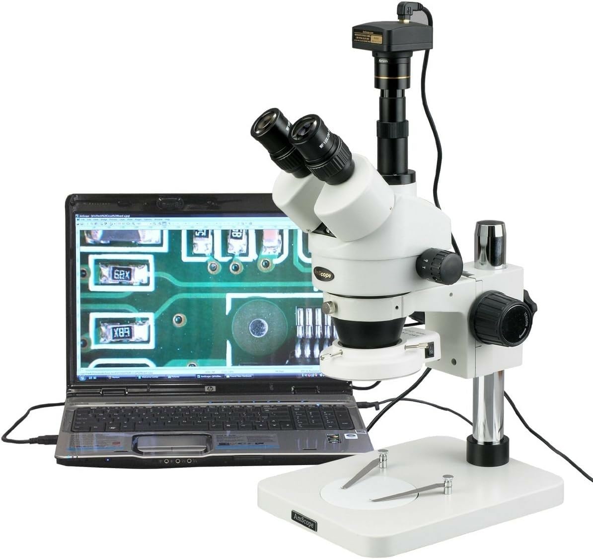 SM-1TSZZ-144S-10M Digital Professional Trinocular Stereo Zoom Microscope, WH10x and WH20x Eyepieces, 3.5X-180X Magnification, 0.7X-4.5X Zoom Objective, 144-Bulb LED Ring Light, Pillar Stand, 110V-240V, Includes 0.5X and 2.0X Barlow Lenses and 10MP Camera with Reduction Lens and Software