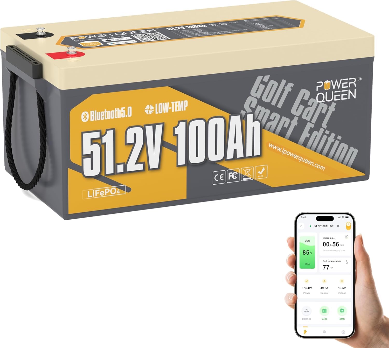 Power Queen LiFePO4 Battery 48V 100Ah Lithium Golf Cart Battery, Lithium Battery with Bluetooth 5.0, Built-in 200A Smart BMS with Low-temp Protection for 5kW Motor Golf Carts Club Car DS E-Z-Go TXT
