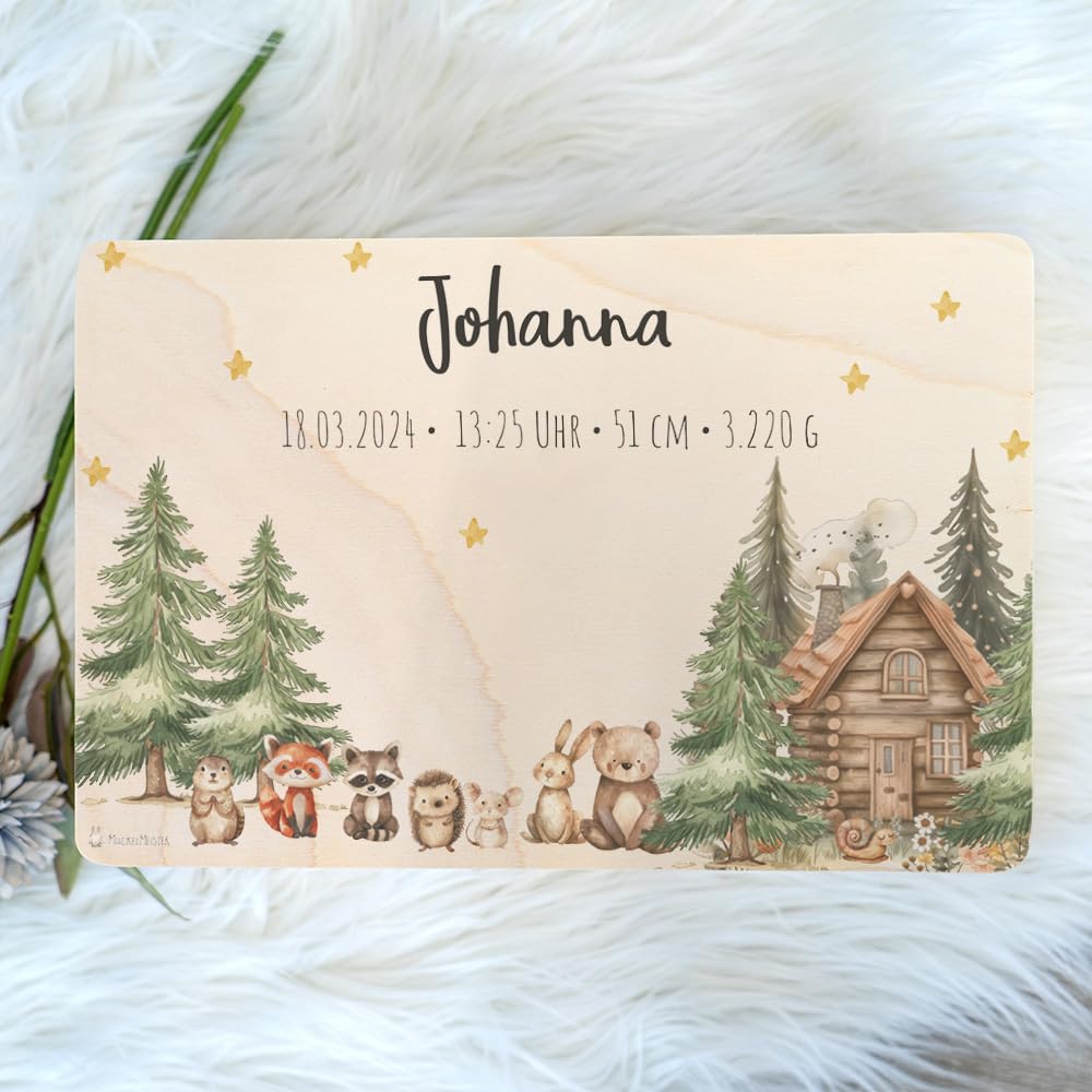 Geschenkfreude Erinnerungsbox Baby Personalisiert - 30x20x14cm - UV-Druck - Individuelle Baby Aufbewahrungsbox - tolle Erinnerungskiste aus Holz - Einzigartige Geschenke zur Geburt - Waldfreunde