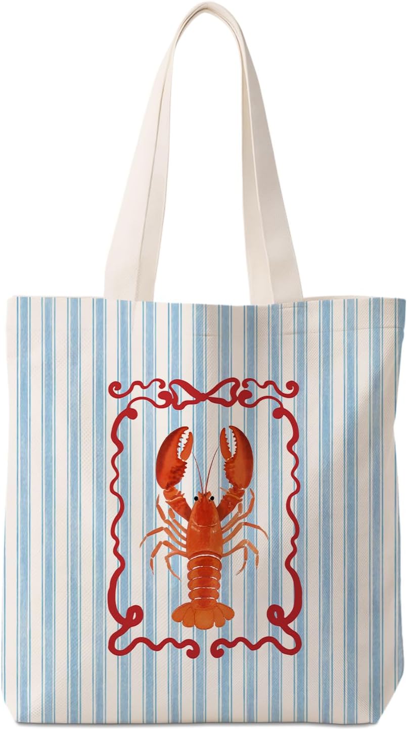 Coastal Beach Red Lobster Tote Bag for Women,Lobster Lover Gifts,Crawfish Nautical Canvas Tote Bag for Girls,Blue Striped Aesthetic Reusable Shopping Grocery Bags Party Favors