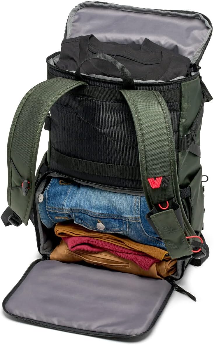 Open bottom compartment of the Manfrotto Street Slim Photography Backpack showing red padded dividers for camera gear.