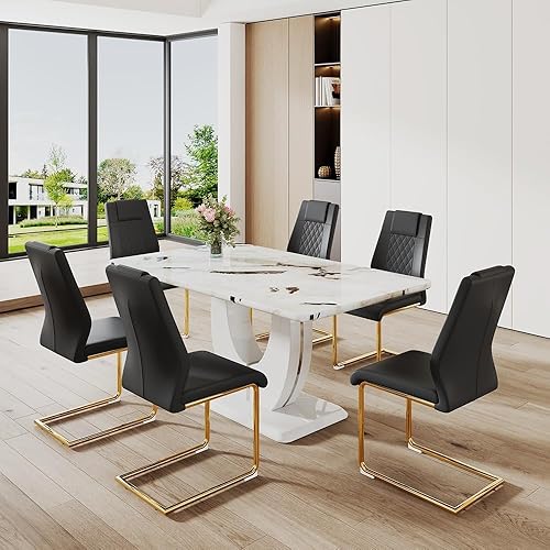 Miniatura 15 de JUFU Juego de mesa de comedor para 6 personas con sillas tapizadas de poliuretano, mesa y sillas de comedor de mármol sintético gris de 63 pulgadas,