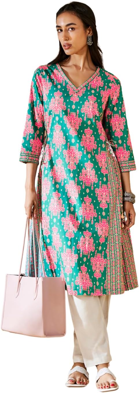 NAINVISHKurtas for Women | Womens Kurta Kurti | Cotton Blend Kurti for Womens | Green Pink Floral Printed Kurta for Women