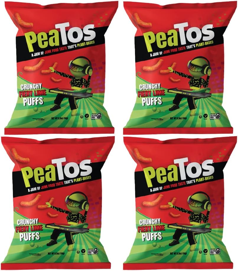 PeaTos® Fiery Lime Puffs in 3 oz. Bags (4 pack) full of “JUNK FOOD” flavor and fun WITHOUT THE JUNK. PeaTos® the Craveworthy upgrade to America's favorite snacks are Pea-Based, Plant-Based, Vegan, Gluten-Free, and Non-GMO.