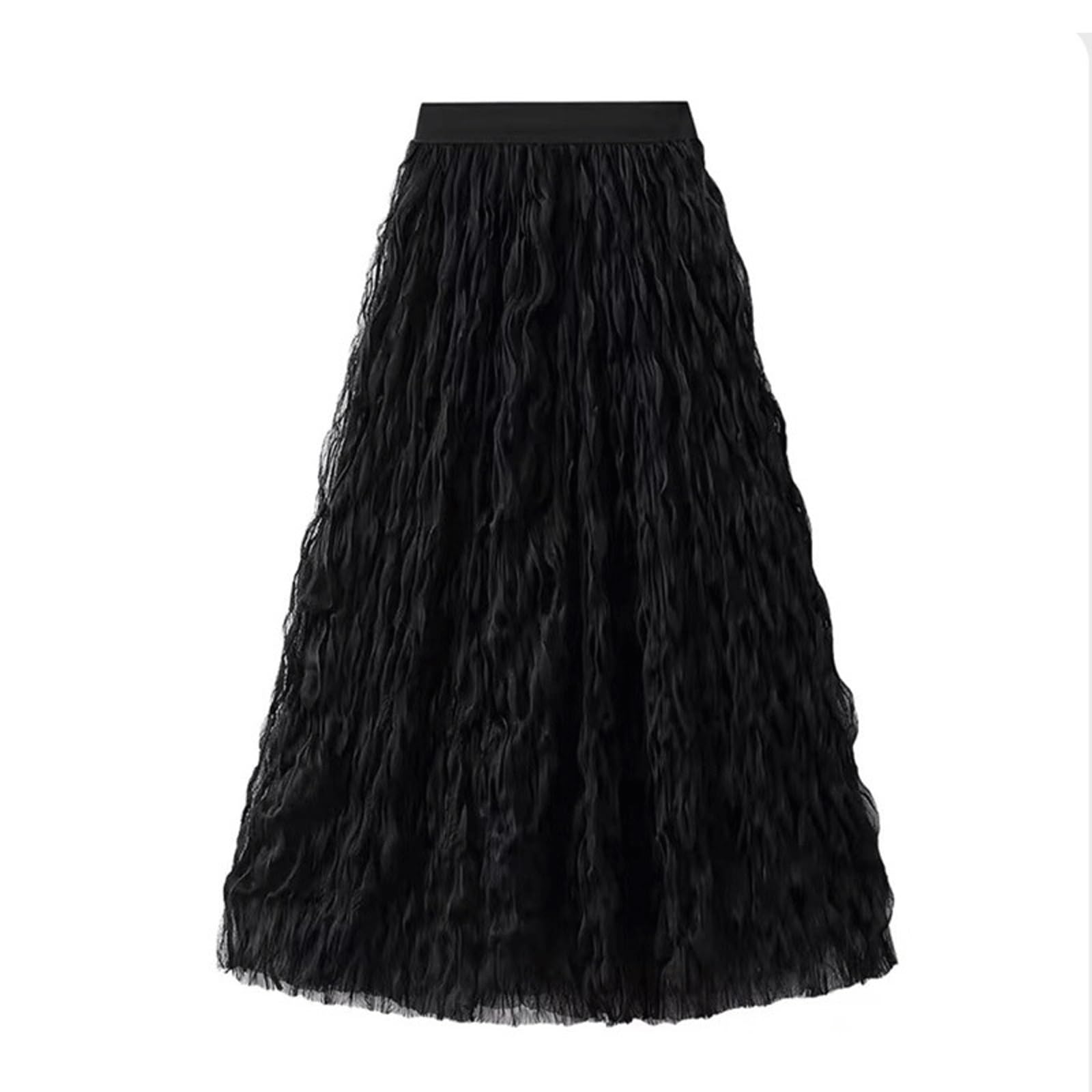 DUddTTW A-line Women's Midi Skirt Pleated Ankle Length Skirts Elastic Waisted Swing Skirt Wavy Maxi Skirts Mesh Midi Length Flowy Skirt(Nero,L)