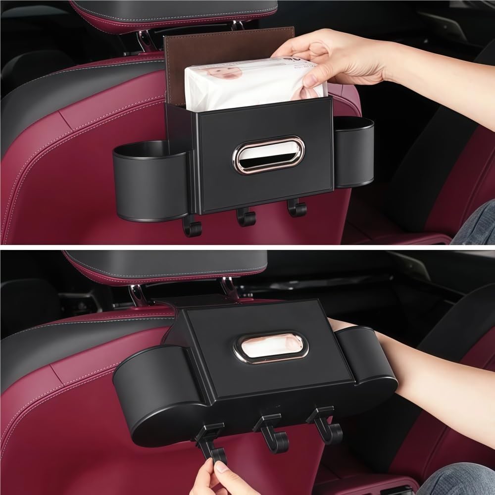 GGCLIMAX Car Backseat Organizer With Hook Leather + ABS Storage Box Water Cup And Tissue Holder Adjustable Seat Back Bag For RVs Trucks SUVs Sedans Rectangle(MochaBrown 1pc)