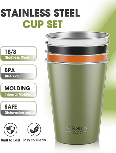 Miniatura 2 de Vasos de acero inoxidable de alta calidad de 12 onzas (paquete de 4) vasos de metal de alta calidad, vaso apilable duradero (verde, negro, blanco,