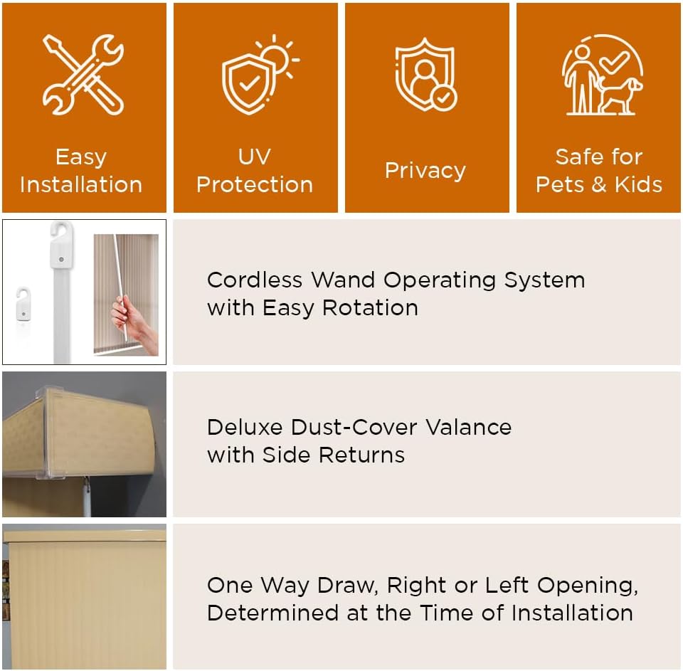 BlindDen - Vinyl Vertical Window Blinds for Home - Vertical Blinds for Sliding Glass Doors - Havana Golden Sand, 76" Wide x 84" Long Cordless