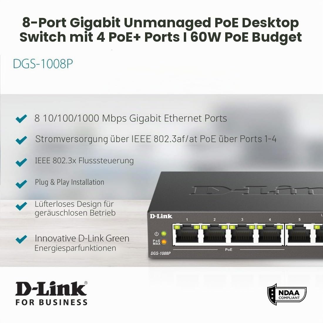 D-Link DGS-1008P Switch – Netzwerk-Switch (4 Eingänge, 10/100/1000 Mbps, 16 Gbit/s, Schwarz, 0 – 50 °C,-40 – 70 °C)